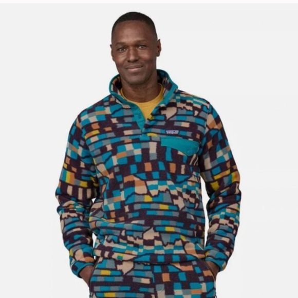 Patagonia Mens Synchilla Snap T Fleece Fitz Roy Patchwork Belay Blue Small